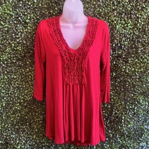 Red ruffled long sleeve tunic top. Size small. ellumiNation by Nikki h Parker.